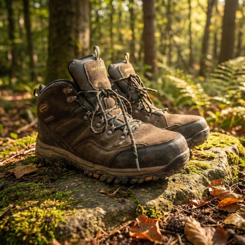 AI-enhanced product photo of hiking boots in a forest setting