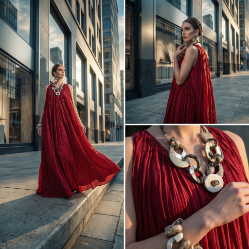 Fashion bento grid — red dress city editorial