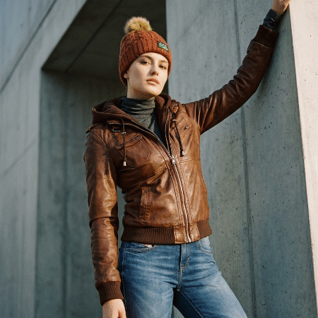 Fashion model — leather jacket and beanie