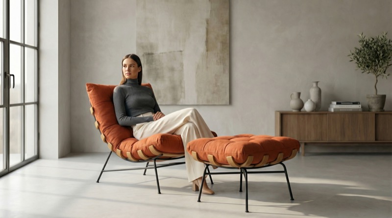 Designer lounge chair with model in contemporary room