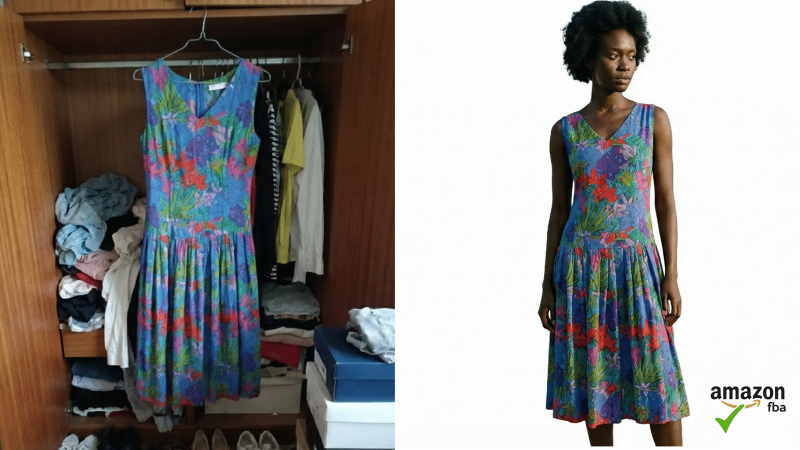 Dress transformed from wardrobe photo to Amazon FBA main image with model on white background