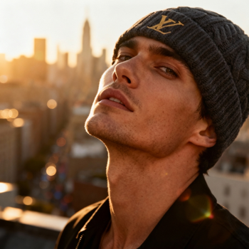 Same beanie worn by AI model with city skyline background